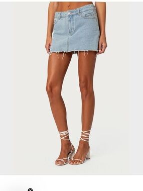 Edikted Light Blue Denim Mini Skirt with Frayed Hem